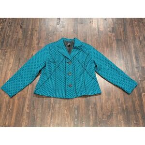 Vintage R.Q.T Blazer Womens Petite XL Teal Black Geometric Lined Stretch Buttons